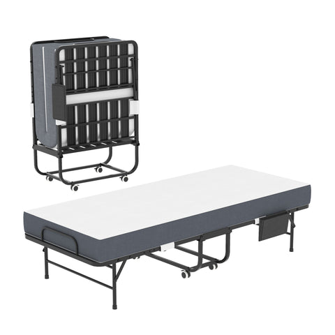 Twin Folding Bed With Memory Foam Mattress, On Wheels, Portable Bed For Adults & Guests - Black