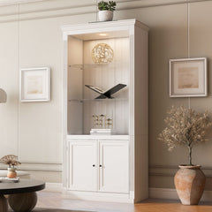 Retro Style Display Bookcase With Adjustable LED Ceiling Light And Tempered Glass Shelves - White