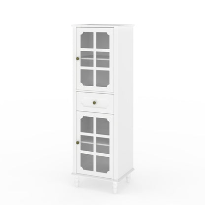 Storage Cabinet, Freestanding Curio Cabinet With Grid Doors & Drawer, Pantry Display Cabinet For Kitchen
