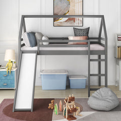 Twin Size House Loft Bed With Slide - Gray
