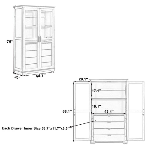 Kitchen Pantry, Freestanding Kitchen Storage Cabinet Display Cabinet With Glass Doors And 4 Built In Drawers For Living Room, Home Office - Blue