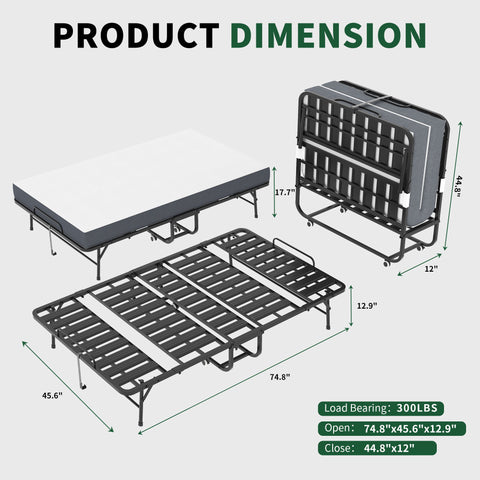 Twin Wide Folding Bed For Tall People, Extra Long & Wide Rollaway With Memory Foam, Heavy-Duty Capacity Guest, Spacious Portable Cot - Black
