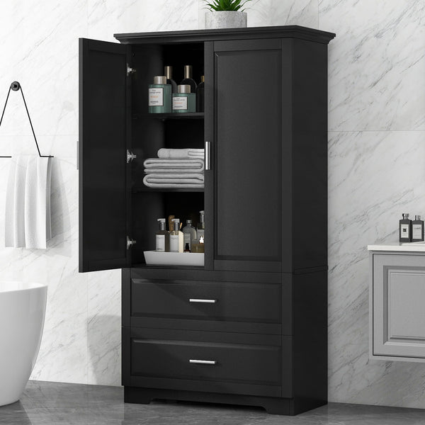 Tall Bathroom Storage Cabinet, Cabinet With 2 Doors And Drawers, Adjustable Shelf