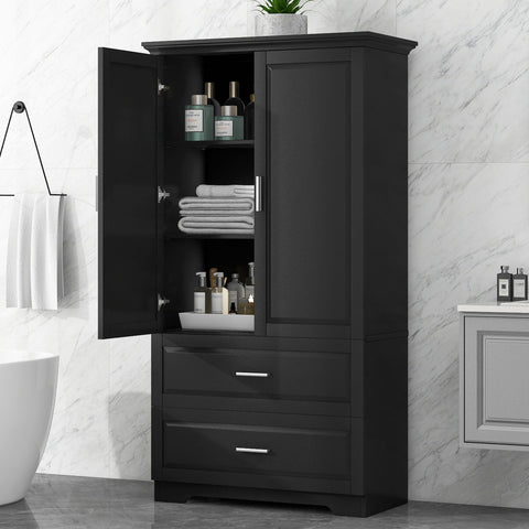 Tall Bathroom Storage Cabinet, Cabinet With 2 Doors And Drawers, Adjustable Shelf