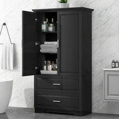 Tall Bathroom Storage Cabinet, Cabinet With 2 Doors And Drawers, Adjustable Shelf