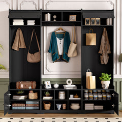 Wide Hall Tree With Shoe Storage, 4 In 1 Entryway Bench With 8 Cubbies, 7 Coat Hooks & Adjustable Shelf For Hallway - Black