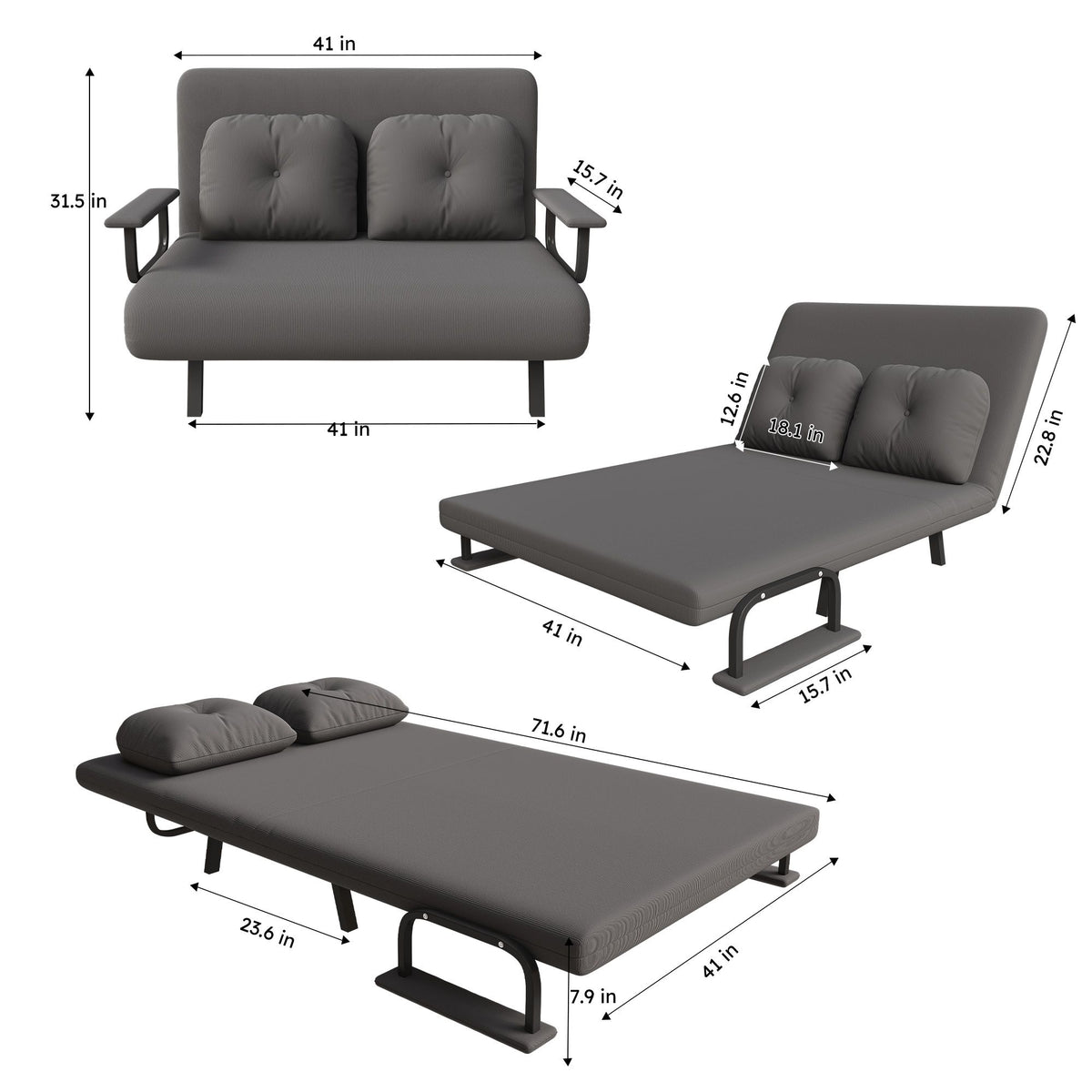 5 In 1 Convertible Sofa Bed For 2 With Adjustable Backrest