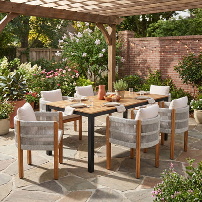 7 Piece Outdoor Dining Set With Table And 6 Chairs - Beige / Teak / White