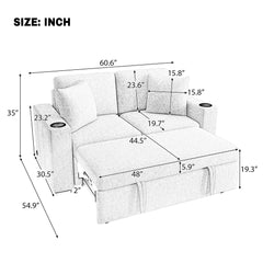 2 Seater Loveseat Sofa With Pull Out Bed, USB Charging, Dual Cup Holders - Beige