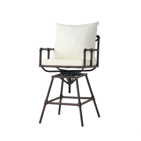 Industrial Outdoor Patio Plumber's Iron Frame Swivel Barstool With Cushions, Height Adjustable