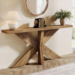 Long Console Table With Geometric Base - Oak