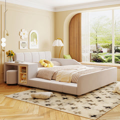 Upholstered Grounded Bed, With Bedside Desk And Little Round Stool
