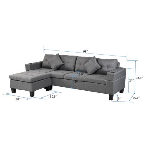 Modern Sectional Sofa Set With L Shape Chaise Lounge, Cup Holder, 4 Seat - Gray