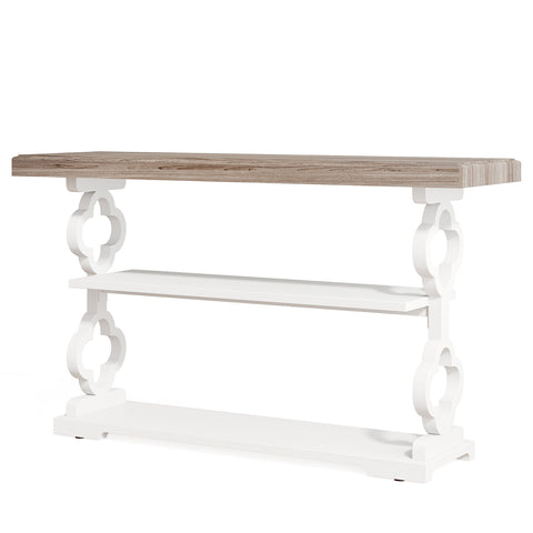 Console Sofa Table With 3 Shelves, Floral Carved Accent - Gray / White