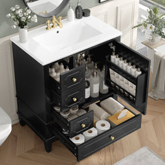 Bathroom Vanity With Sink, Freestanding Vanity Cabinet With Ceramic Basin, Soft Close Door, 3 Drawers