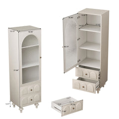 Tall Storage Cabinet With Tempered Glass Door, 2 Drawers And Adjustable Shelf