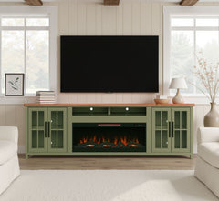 Vineyard - 97" Fireplace TV Stand Console For TVs Up To 100" - Sage Green And Fruitwood Finish