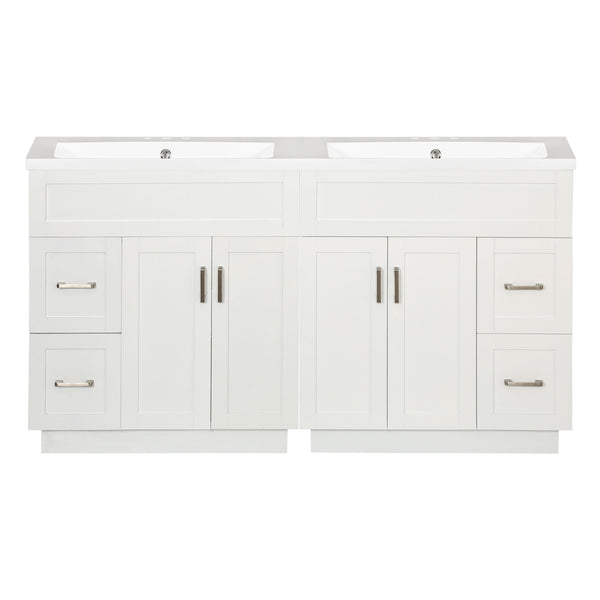 Bathroom Vanity With 4 Cabinet Doors, 4 Drawers, Dual Sinks, Hidden Soft Close Slides And Hinges - White