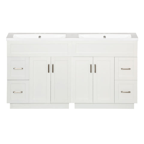 Bathroom Vanity With 4 Cabinet Doors, 4 Drawers, Dual Sinks, Hidden Soft Close Slides And Hinges - White