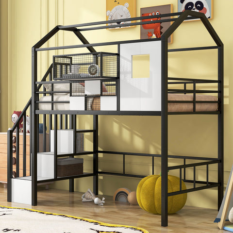 Metal Loft Bed With Roof Design And Storage Box With Guardrails And Integrated Ladder
