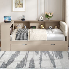 Upholstered Headboard Platform Bed With Storage Shelves, Trundle, Charging Station