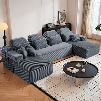 Sectional Sleeper Sofa & Storage Pockets, Modular Couch With Throw Pillows For Living Room