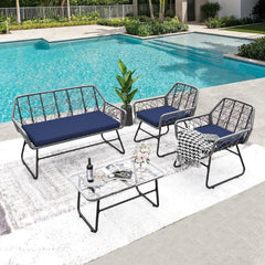 4 Piece Wicker Patio Furniture Set With Tempered Glass Table And Detachable Cushions