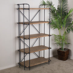 Yorktown - Industrial 5 Shelf Bookcase With Metal Pipework And Solid Fir - Natural