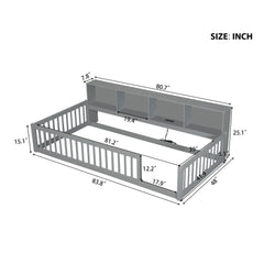 Twin Long Floor Bed With Storage Cabinets And USB Ports - Gray