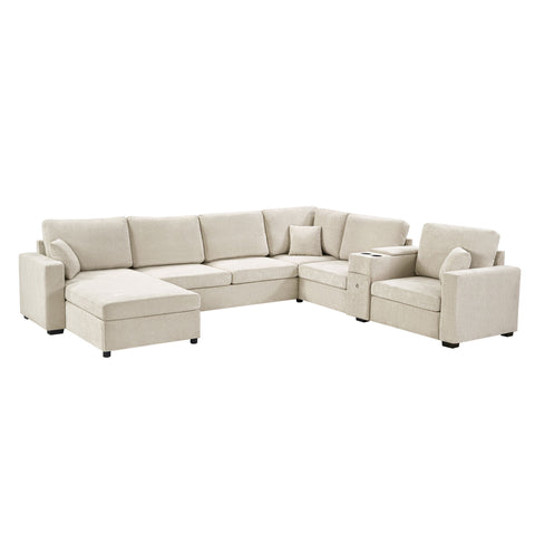 Modular 5 Seat U-Shape Sectional Sofa With Chaise Lounge, Built In Cup Holders And Storage Drawer