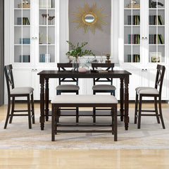 6 Piece Counter Height Dining Table Set With Shelf, 4 Chairs And Bench