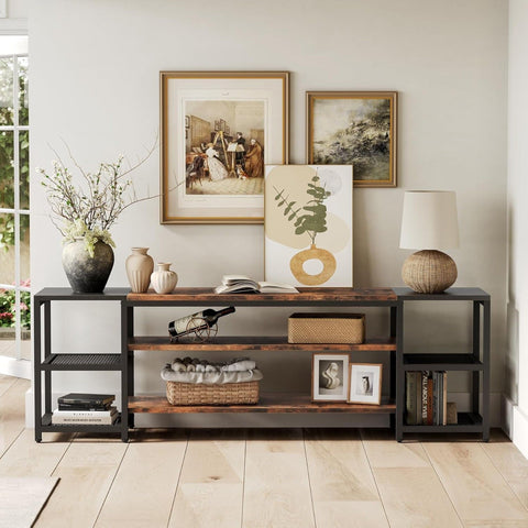 TV Stand For TVs, Extra Long With 3 Tier Ventilated Shelves - Rustic Brown
