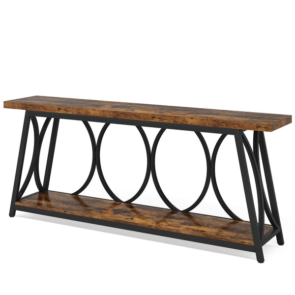 Extra Long Console Table With 2 Tier Storage Shelves For Living Entryway - Brown / Black