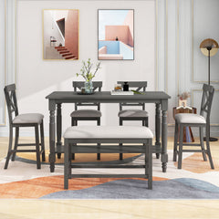 6 Piece Counter Height Dining Table Set With Shelf, 4 Chairs And Bench
