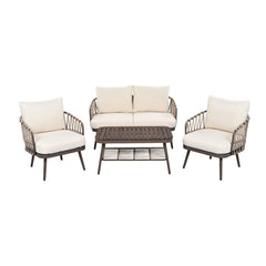 4 Piece Outdoor Patio Furniture Set, Metal Chairs With Woven Rope U Shaped Backrest