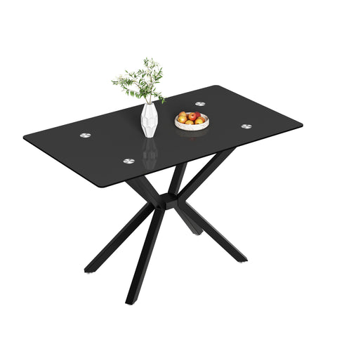 Rectangular Black Tempered Glass Dining Table, Stylish Design & Chrome Plated Metal Legs, Dining Table For Dining Room - Black
