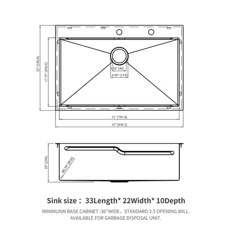 33" Drop In Kitchen Sink With Ledge Workstation, Single Bowl, 16 Gauge Stainless Steel - Black / Gray