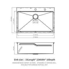 33" Drop In Kitchen Sink With Ledge Workstation, Single Bowl, 16 Gauge Stainless Steel - Black / Gray