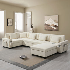 U Shaped Sectional Sofa 6 Seat Couch Set With Oversized Ottoman, Hidden Armrest Storage And Cup Holders USB Charging Ports Wide Seat Sofa