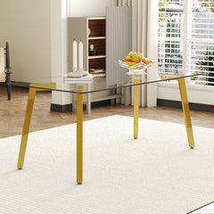 Minimalist Rectangular Dining Table With Transparent Glass Top And Metal Legs