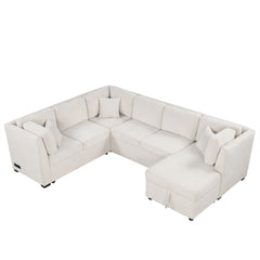 U-Shaped Sectional Sofa Pull Out Sofa Bed With Two USB Ports, Two Power Sockets, Three Back Pillows And A Storage Chaise For Living Room
