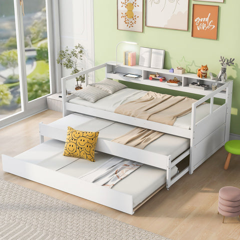 Daybed With 2 Trundles, 3 Storage Cubbies, Built In USB Charging Light