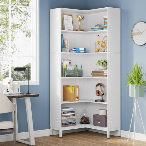 L-Shaped Bookcase, 5 Tier Freestanding Corner Bookshelf