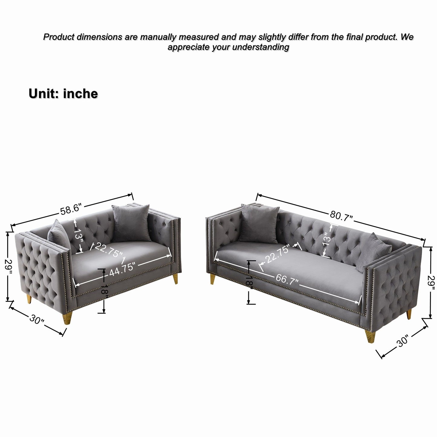 Deep Seat Sofa With Button Nailhead, Square Arm Couches