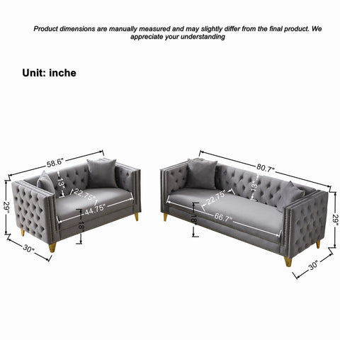 3 And 2 Seater Deep Seat Sofa With Button Nailhead, Square Arm Couches, Furniture For Living Room - Gray