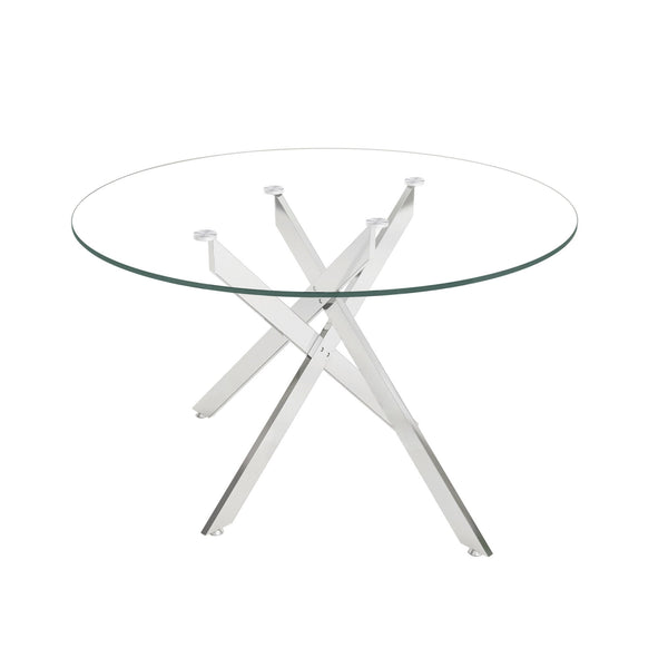 Stylish Round Clear Tempered Glass Dining Table With Chrome Metal Legs - Silver