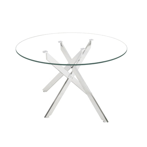 Stylish Round Clear Tempered Glass Dining Table With Chrome Metal Legs - Silver