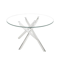 Stylish Round Clear Tempered Glass Dining Table With Chrome Metal Legs - Silver