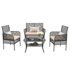 4 Pieces Rattan Wicker Chairs With Tempered Glass Table And Cushions