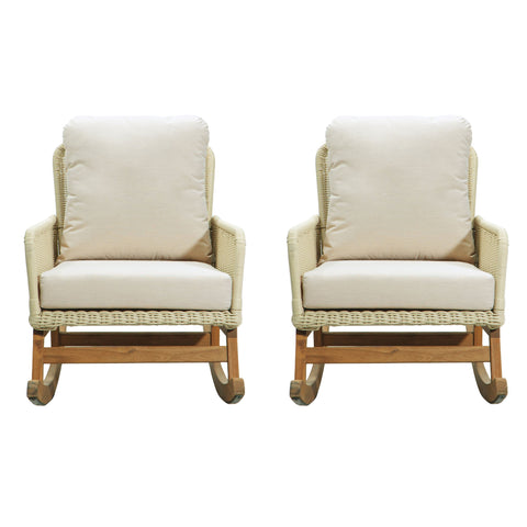 Contemporary Minimalist Wicker Rocking Chair Set With Soft Polyester Cushions And Durable Wooden Frame For Indoor And Outdoor Spaces - Ivory